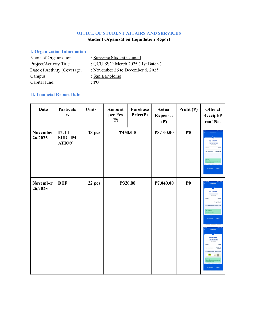 First page of 2025 Merch (1st Batch) — SSC Liquidation Report