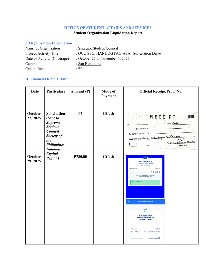 First page of QCU SSC HANDOG PAG-ASA — Solicitation Drive — Liquidation Report
