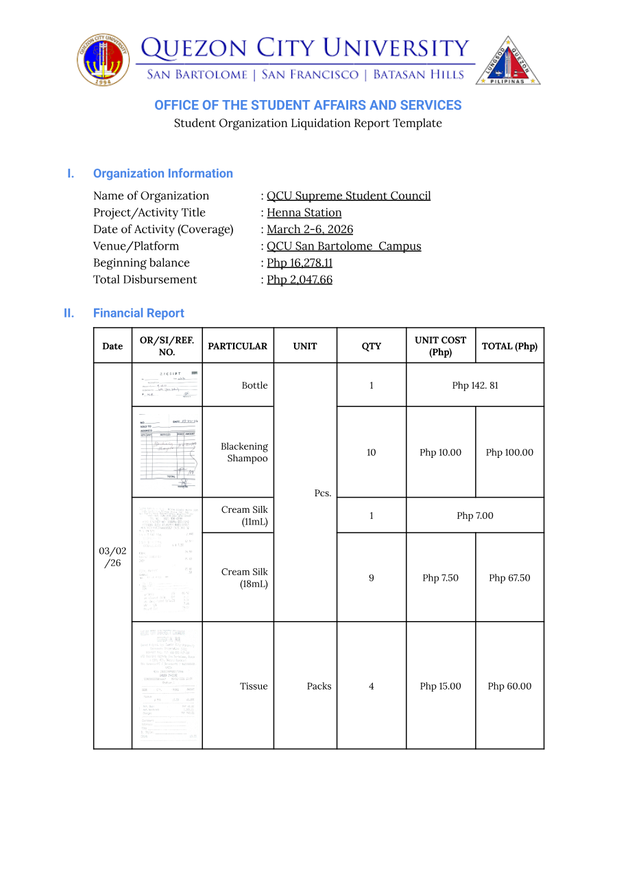 First page of Henna Station — SSC Liquidation Report