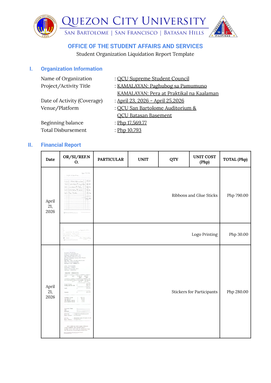 First page of KAMALAYAN (Seminar Series) — SSC Liquidation Report