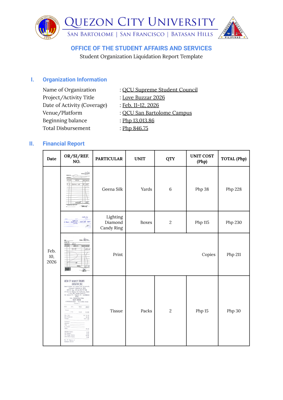 First page of Love Bazaar 2026 — SSC Liquidation Report