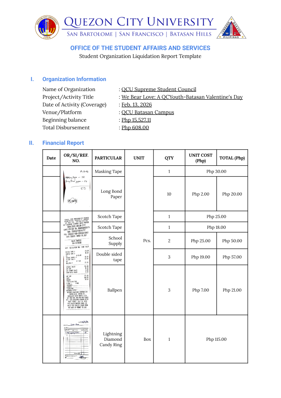 First page of We Bear Love — A QCYouth-Batasan Valentine's Day — Liquidation Report