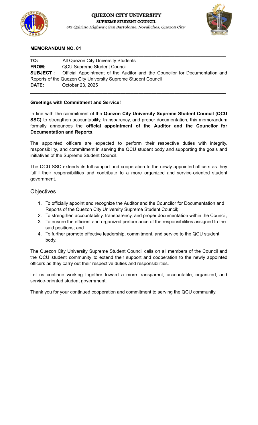 First page of Memorandum No. 01