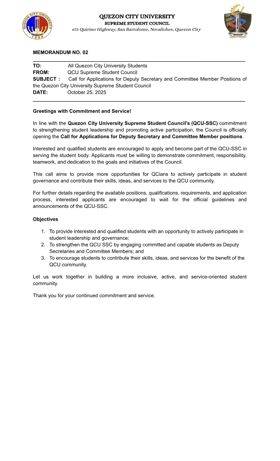 First page of Memorandum No. 02
