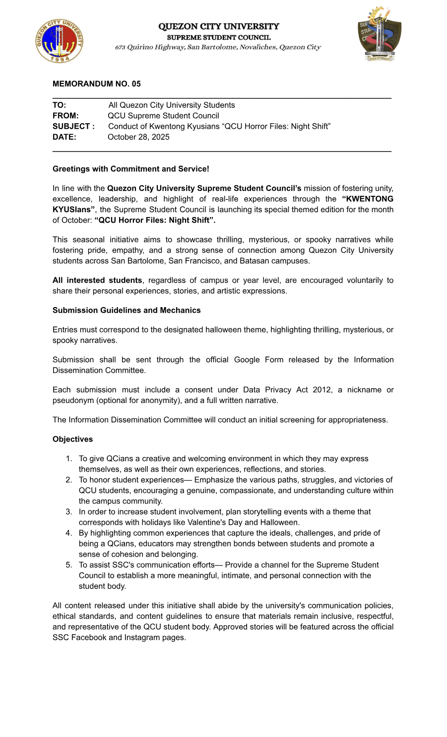 First page of Memorandum No. 05