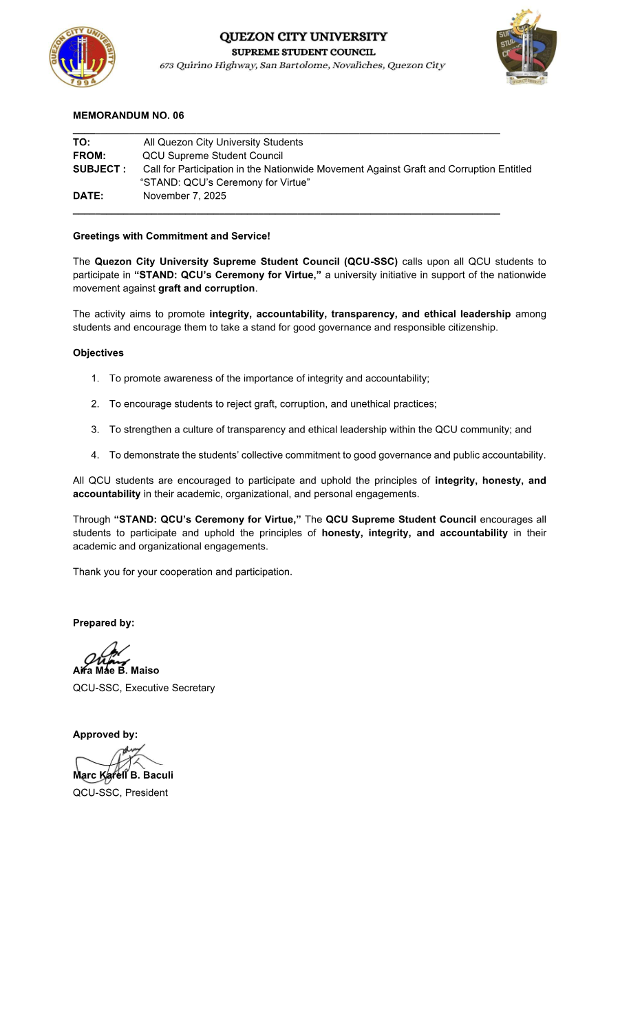 First page of Memorandum No. 06