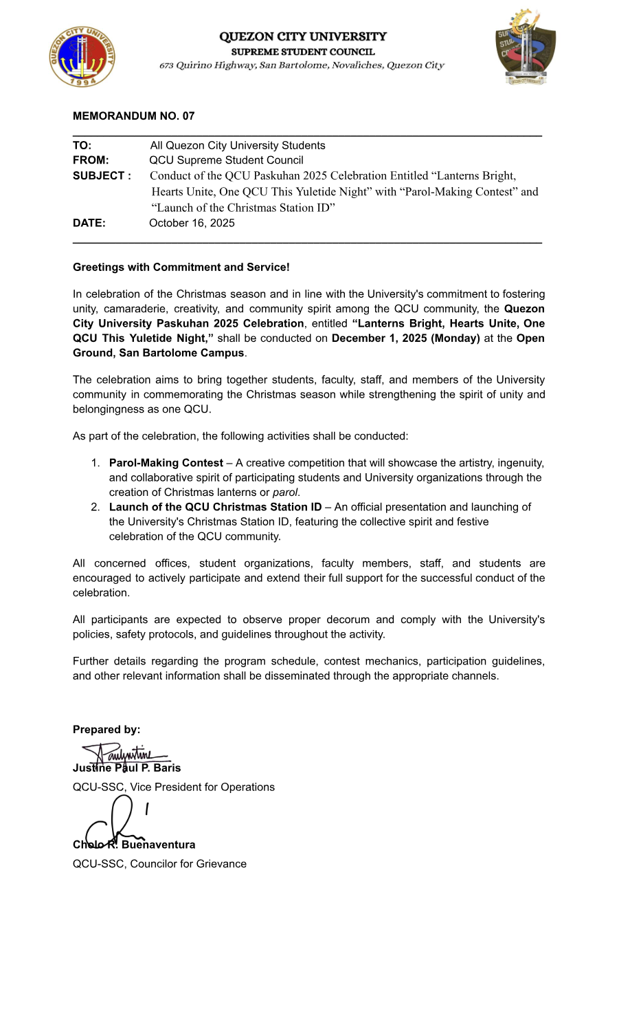 First page of Memorandum No. 07