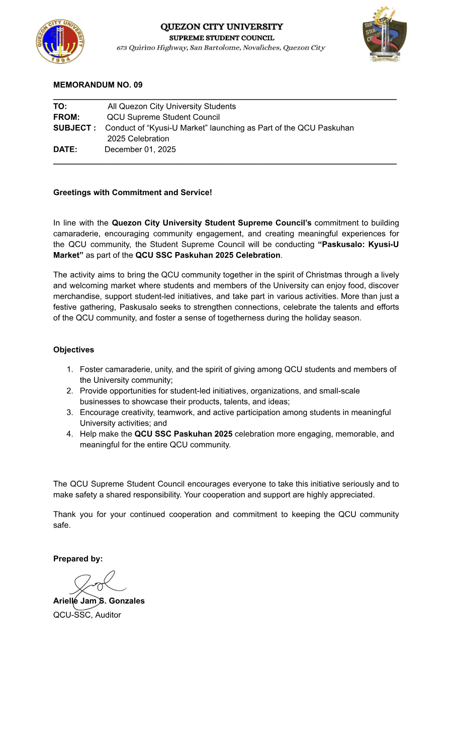 First page of Memorandum No. 09