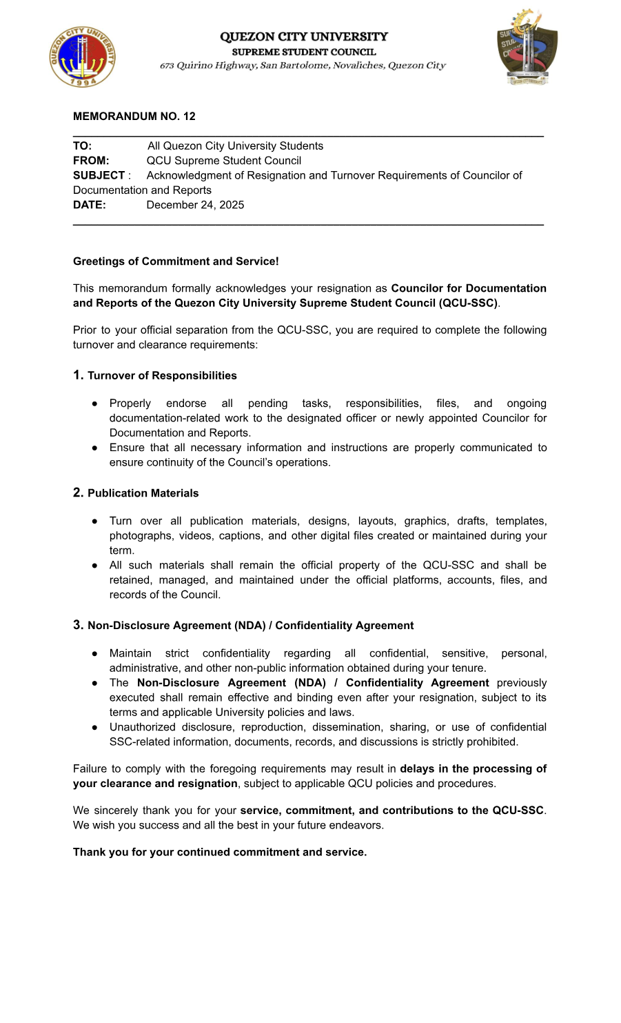 First page of Memorandum No. 12: Acknowledgment of Resignation and Turnover Requirements of Councilor of Documentation and Reports