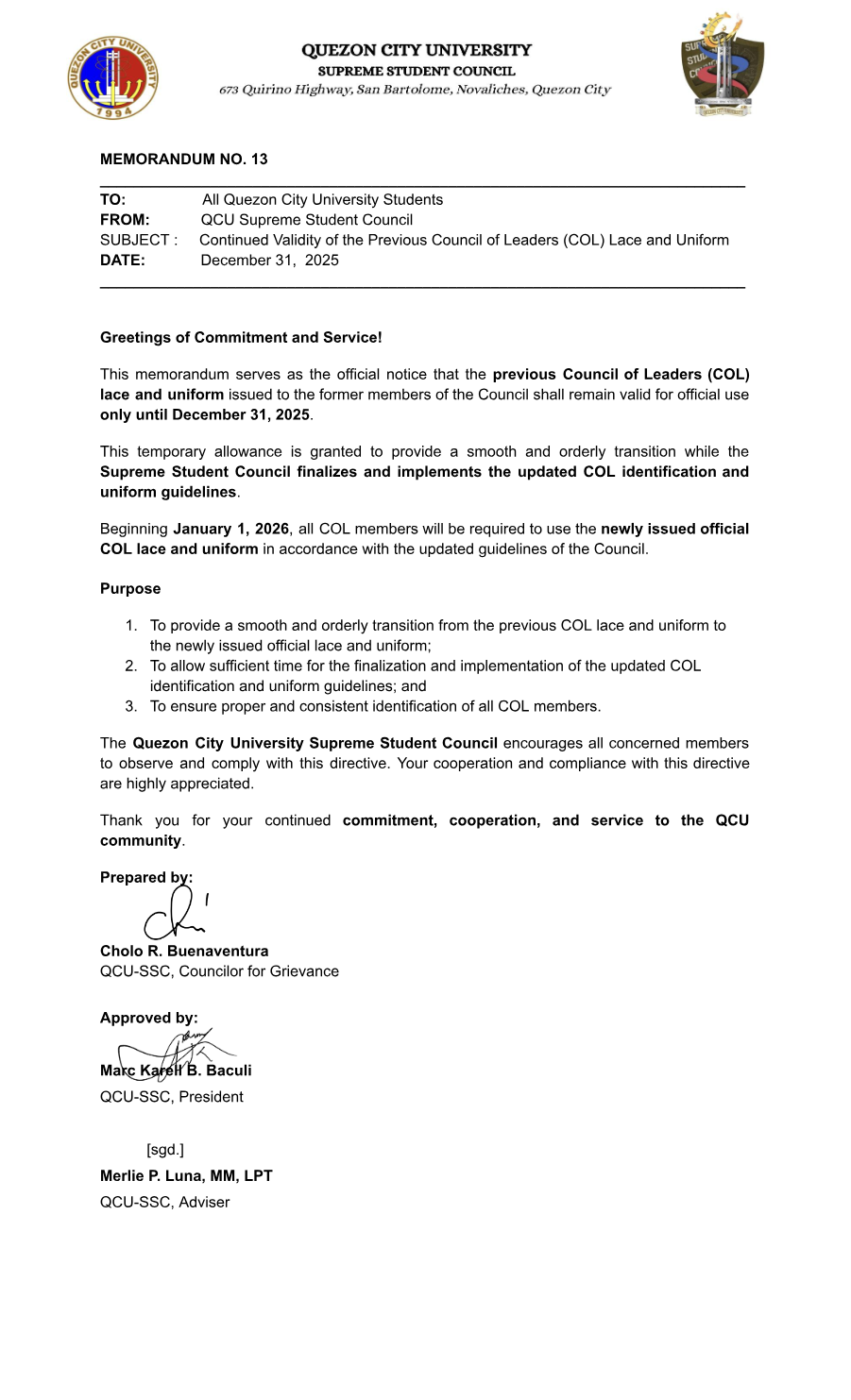 First page of Memorandum No. 13: Continued Validity of the Previous Council of Leaders (COL) Lace and Uniform