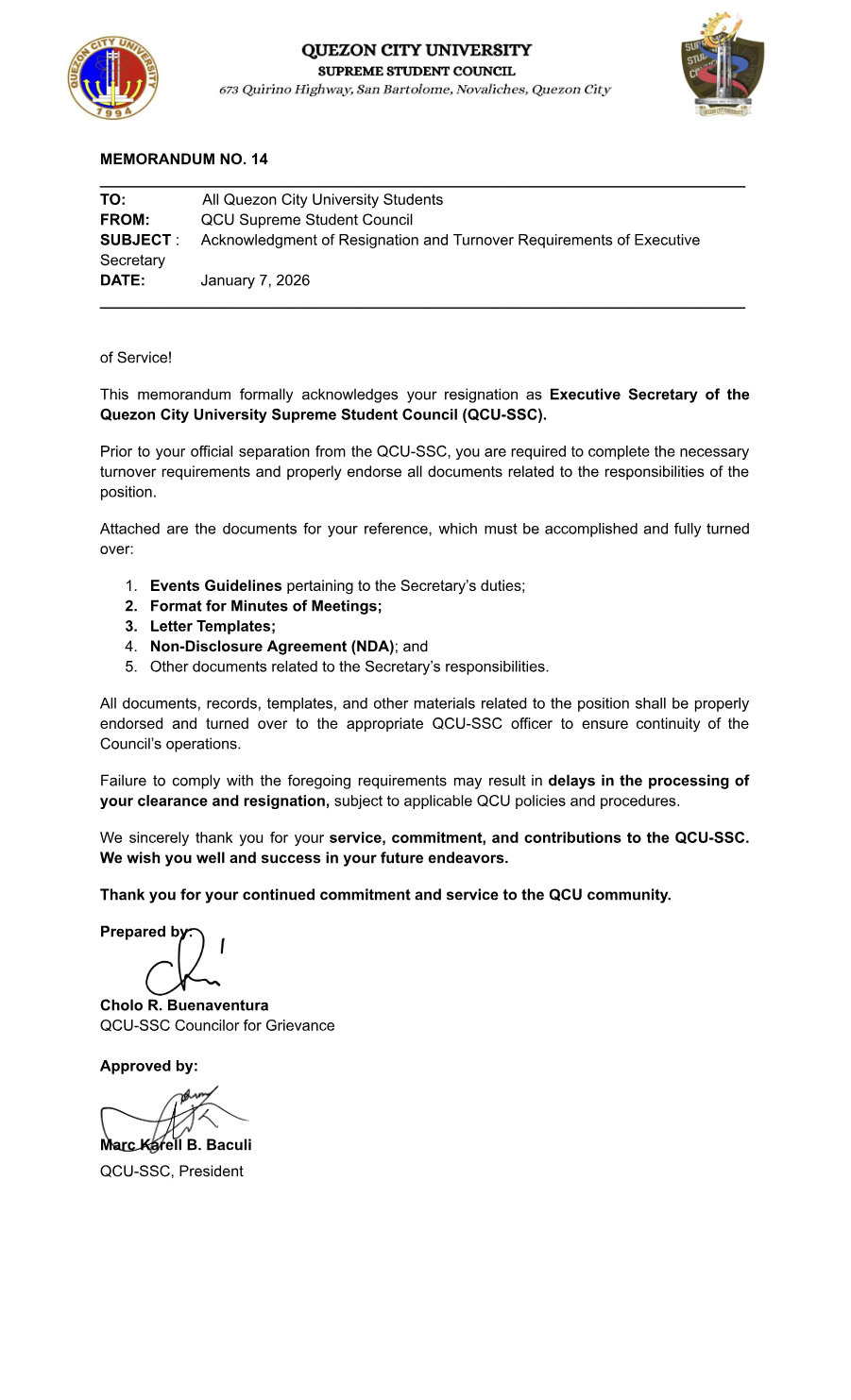 First page of Memorandum No. 14: Acknowledgment of Resignation and Turnover Requirements of Executive Secretary