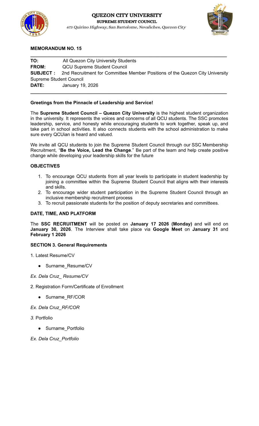 First page of Memorandum No. 15