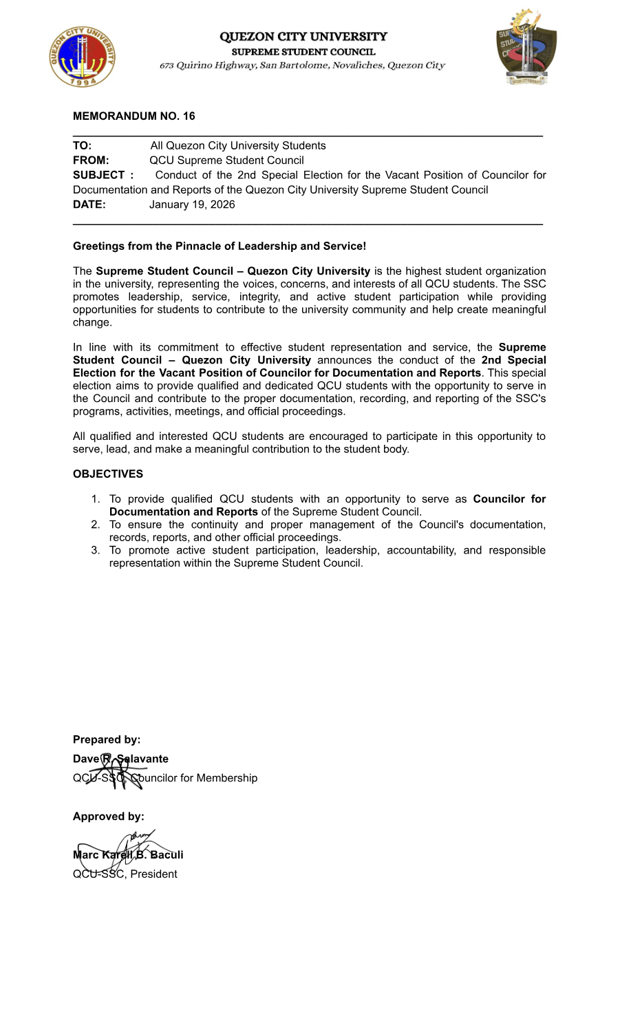 First page of Memorandum No. 16