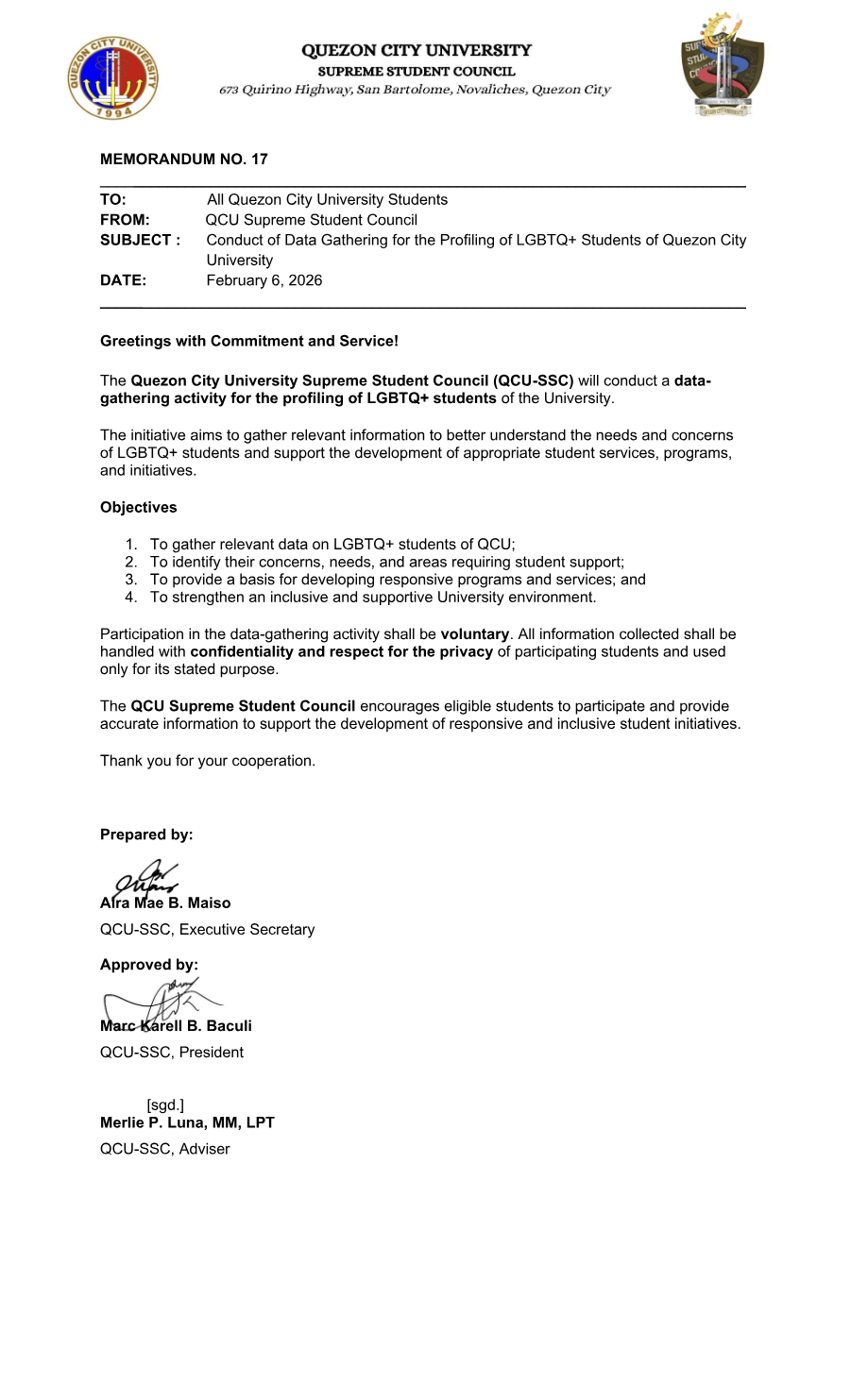 First page of Memorandum No. 17