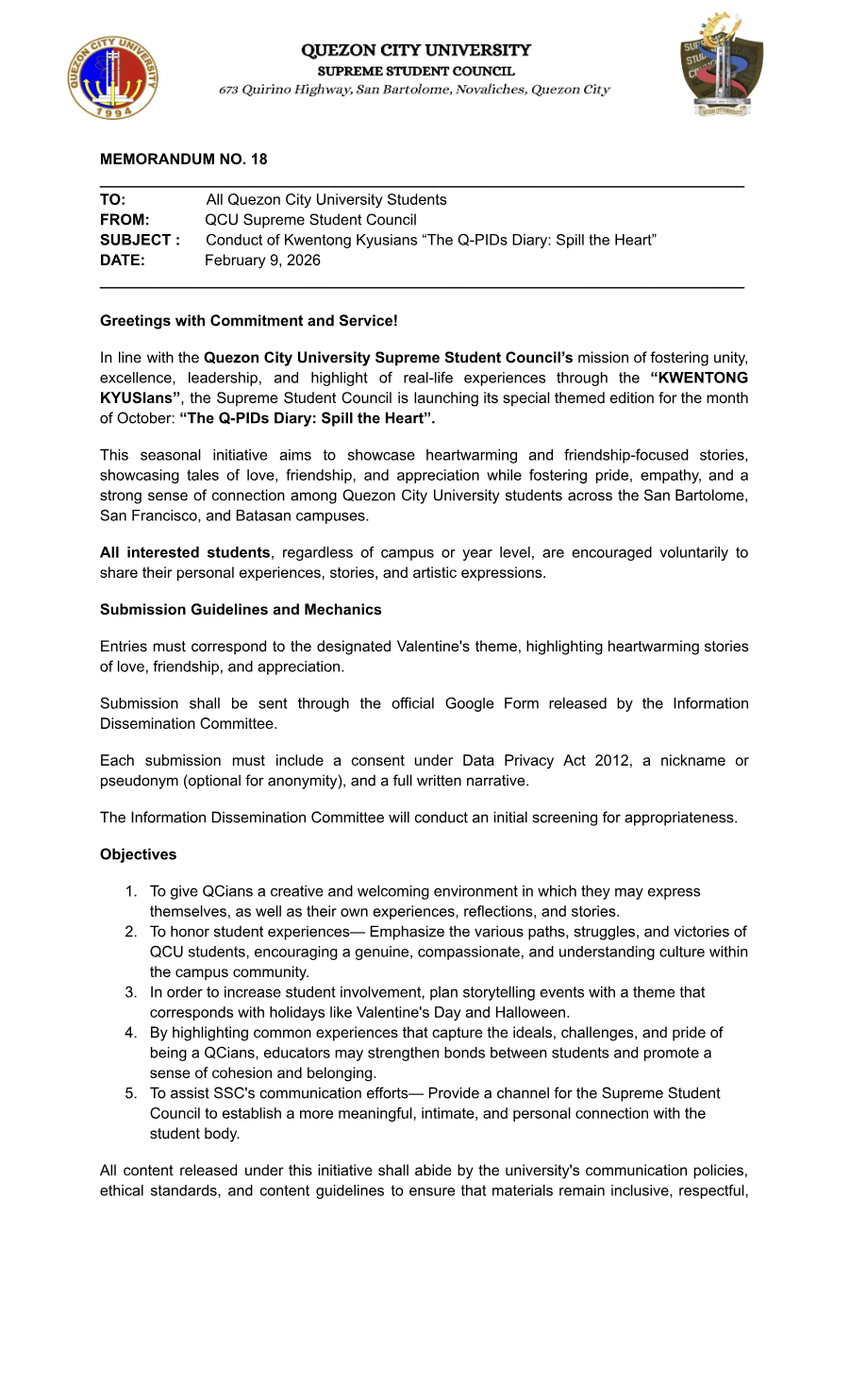 First page of Memorandum No. 18