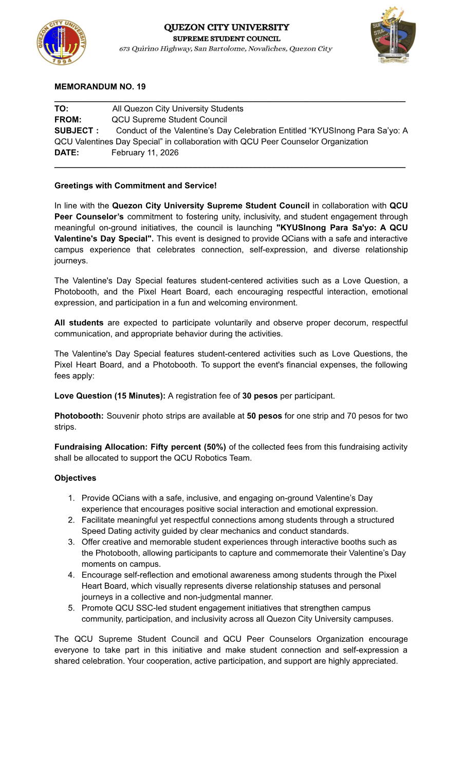 First page of Memorandum No. 19
