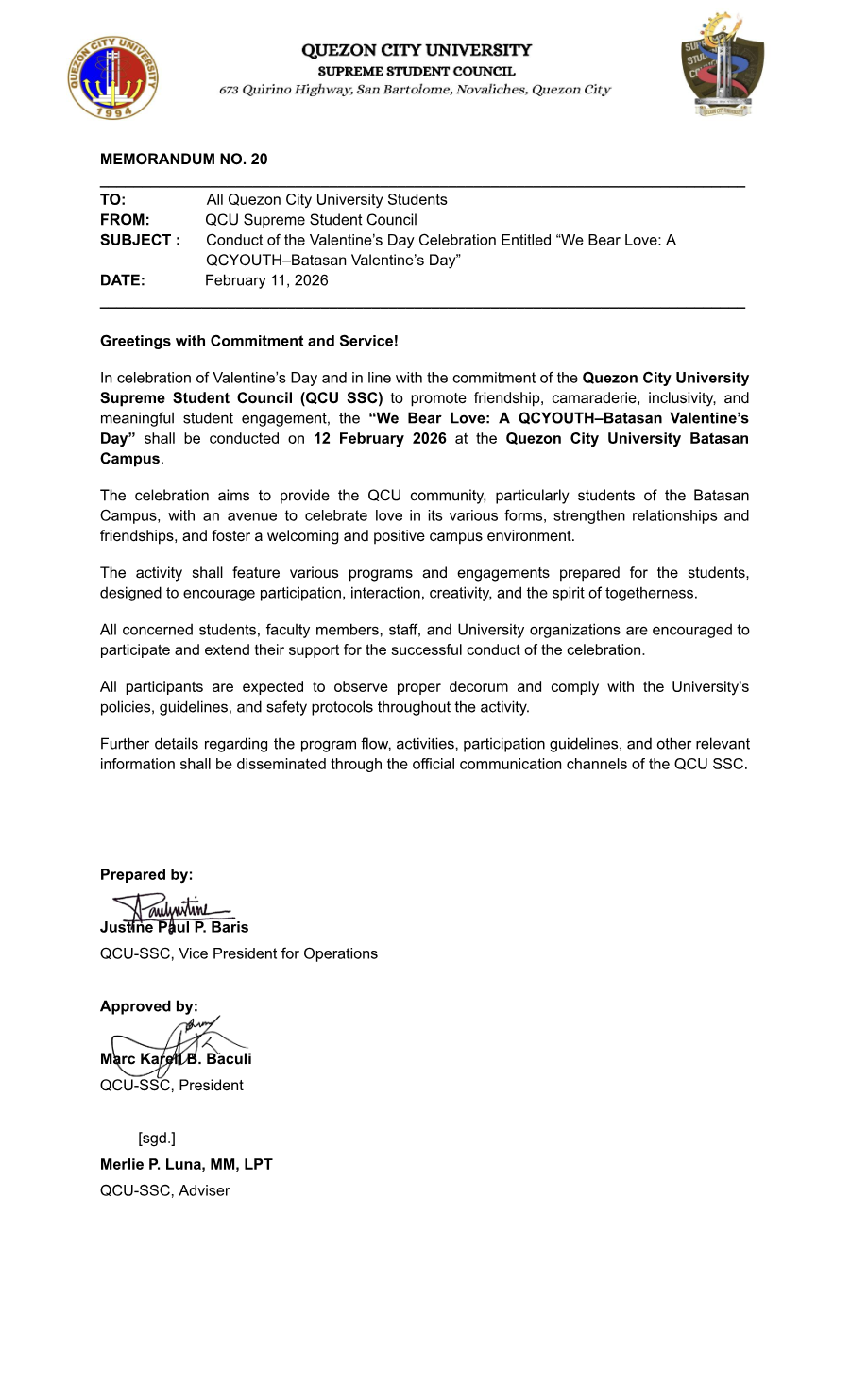 First page of Memorandum No. 20