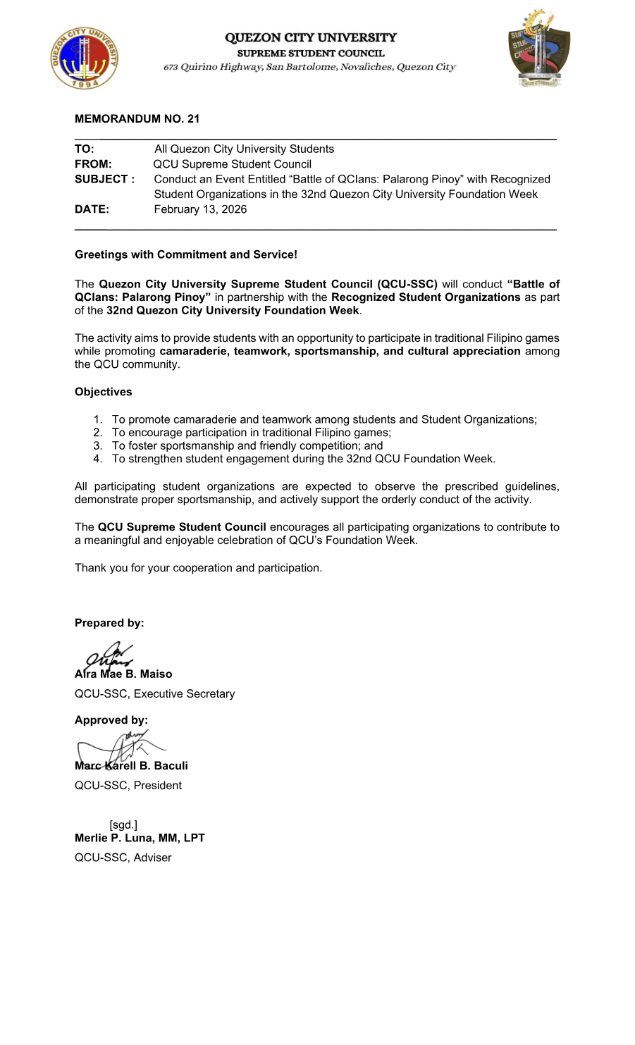 First page of Memorandum No. 21
