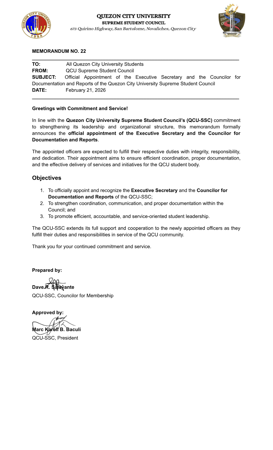 First page of Memorandum No. 22