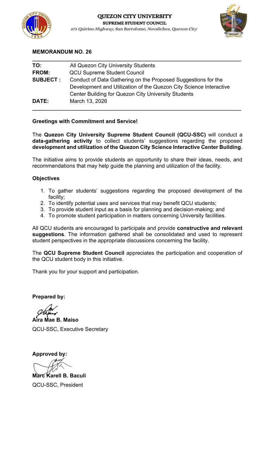 First page of Memorandum No. 26