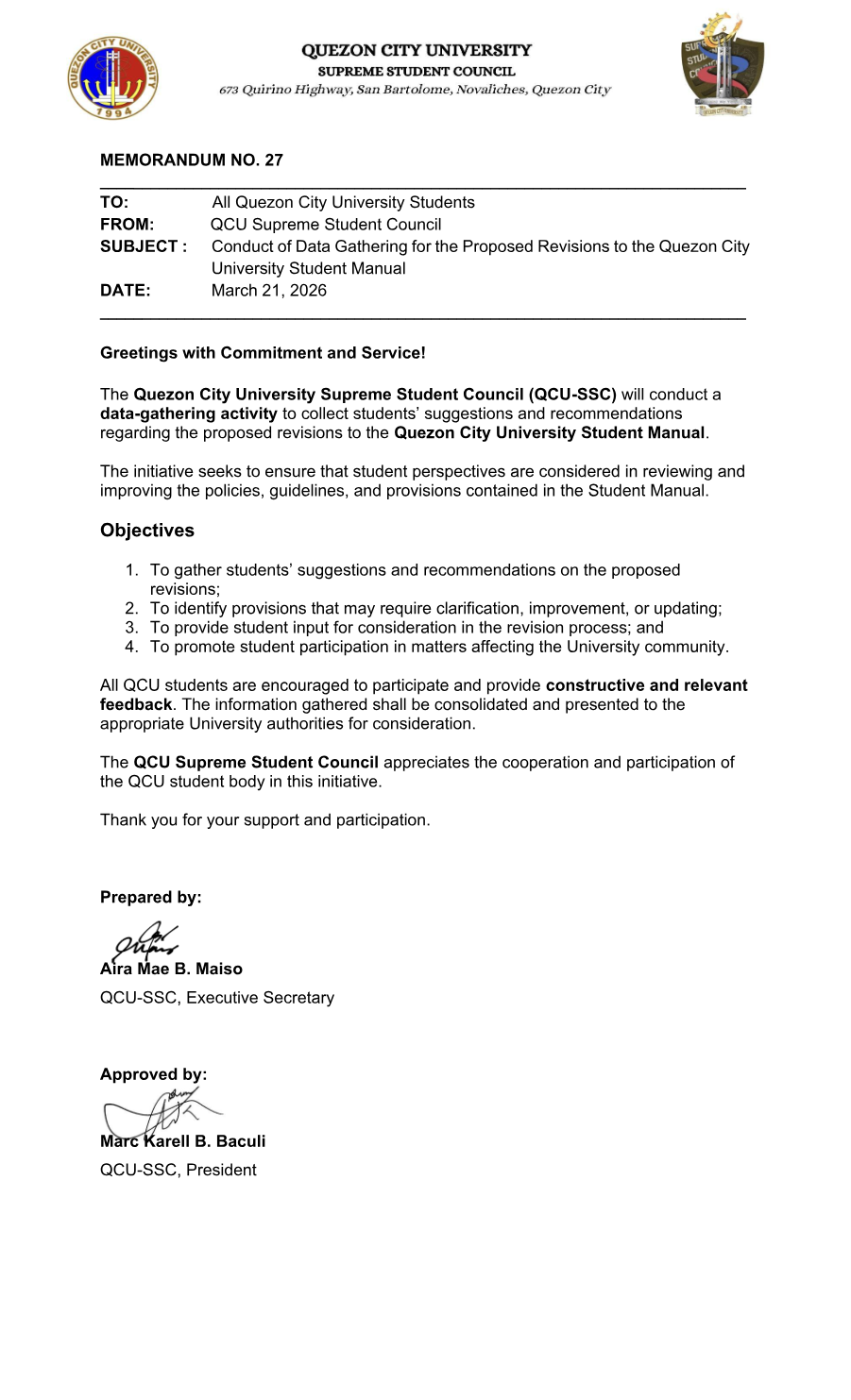 First page of Memorandum No. 27
