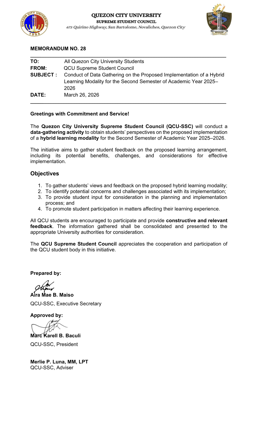 First page of Memorandum No. 28