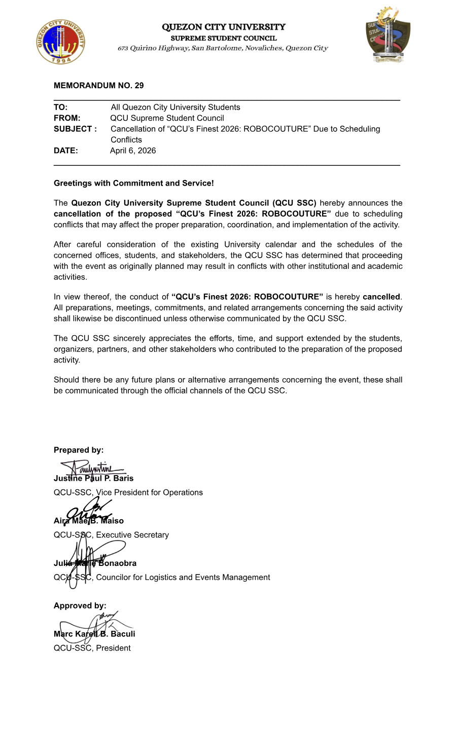First page of Memorandum No. 29