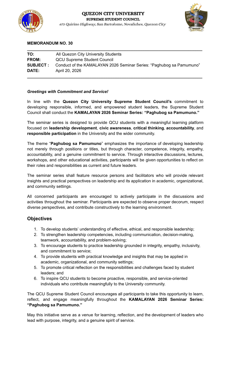 First page of Memorandum No. 30
