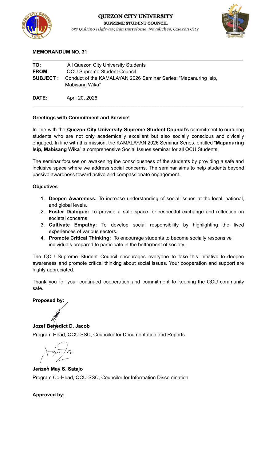 First page of Memorandum No. 31