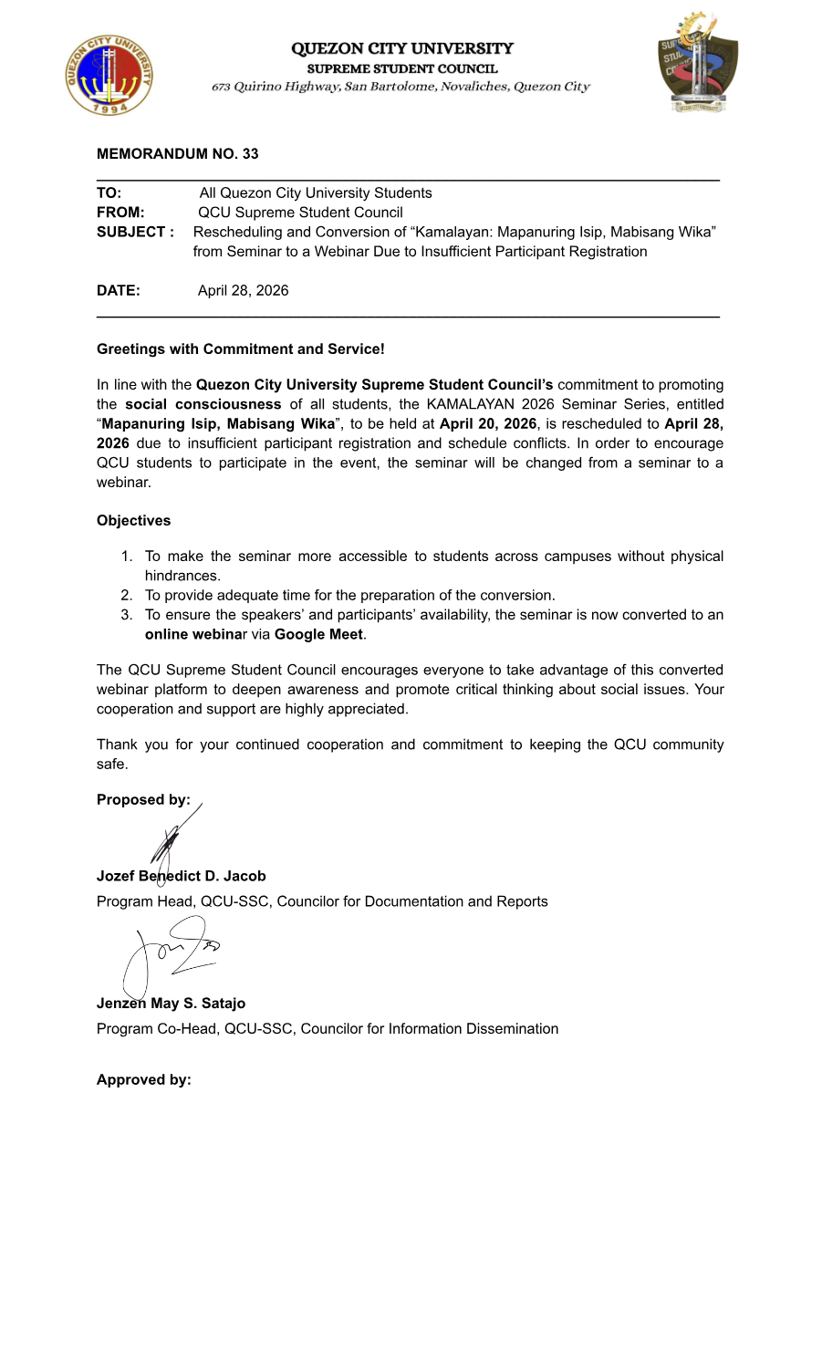 First page of Memorandum No. 33