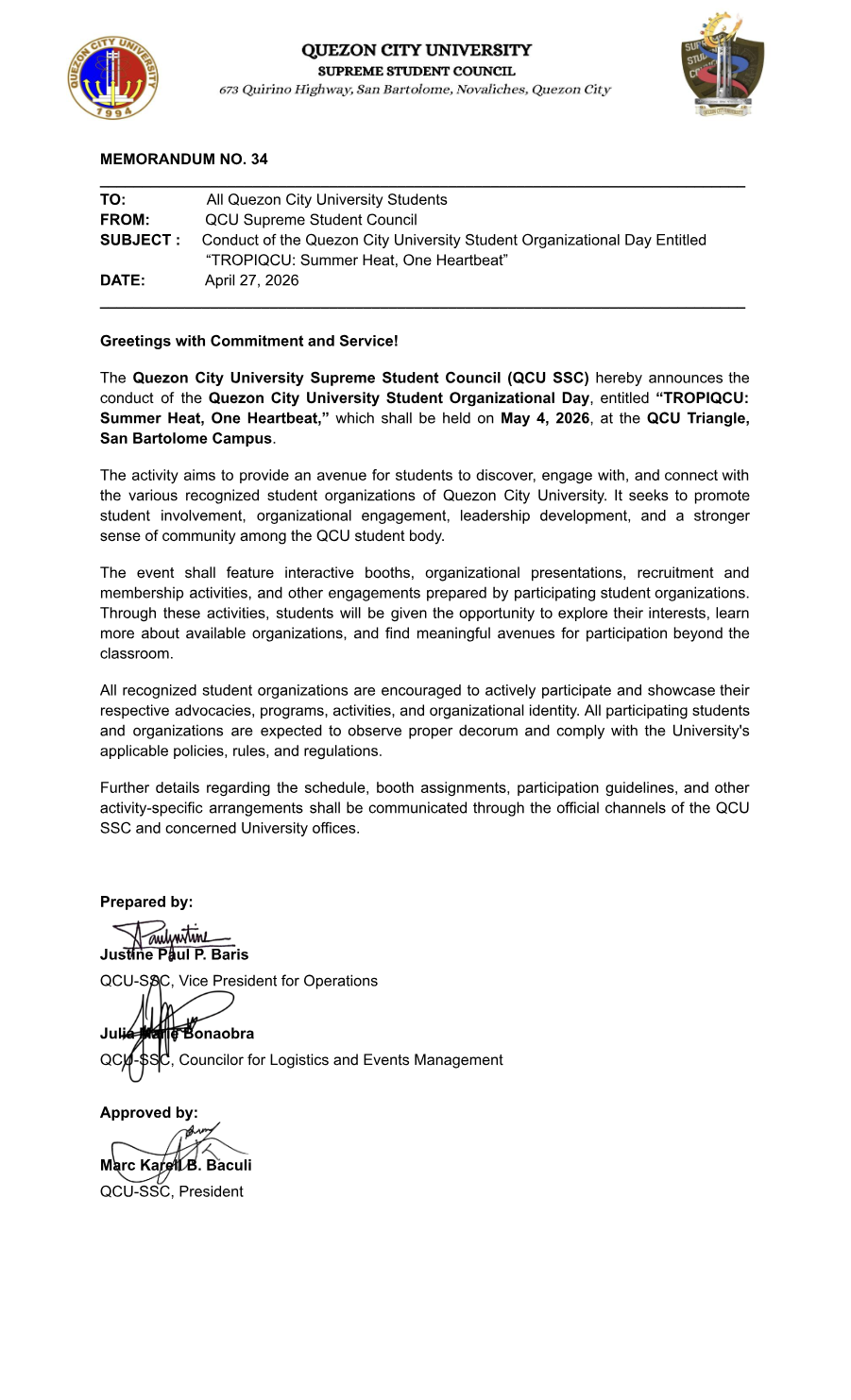 First page of Memorandum No. 34