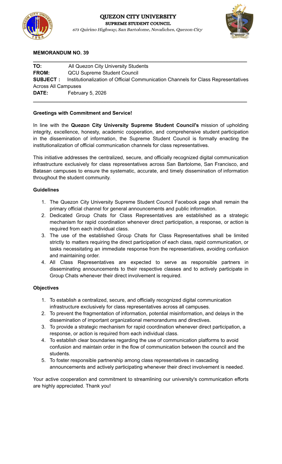 First page of Memorandum No. 39