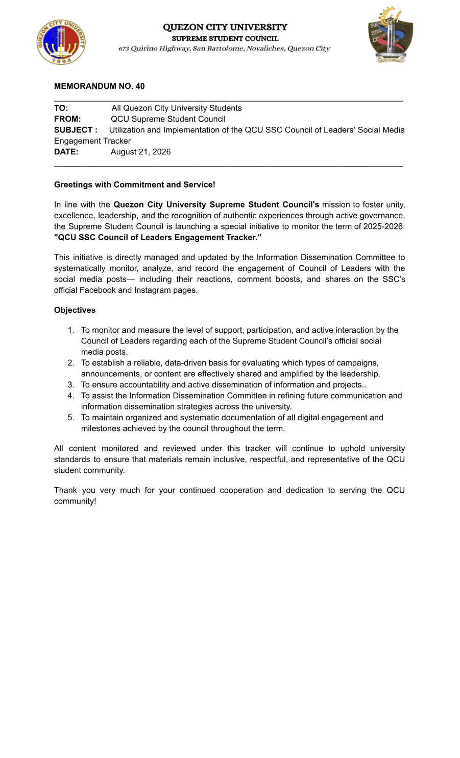 First page of Memorandum No. 40