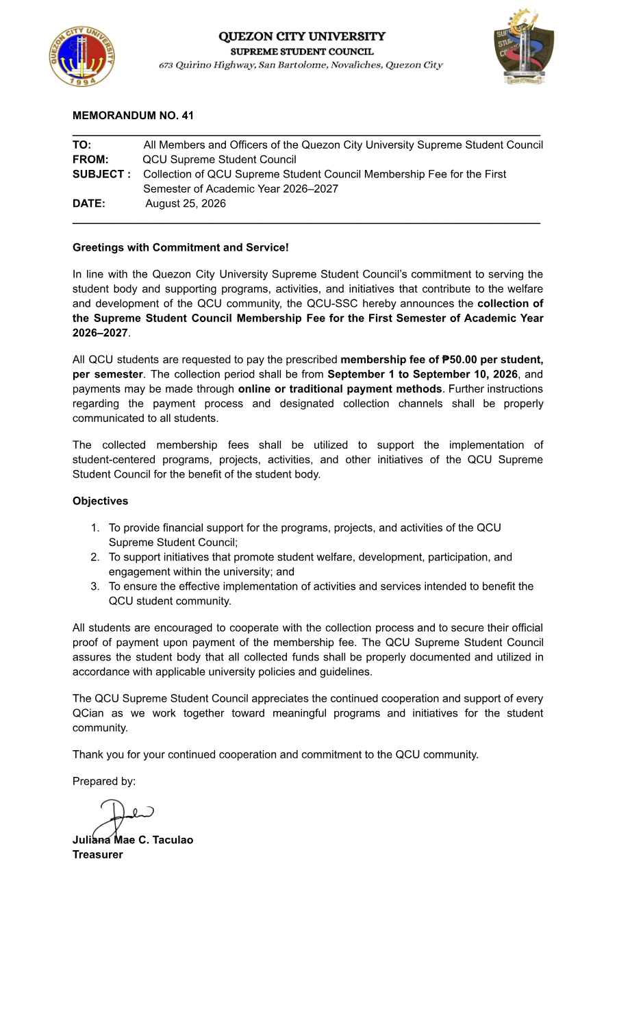 First page of Memorandum No. 41