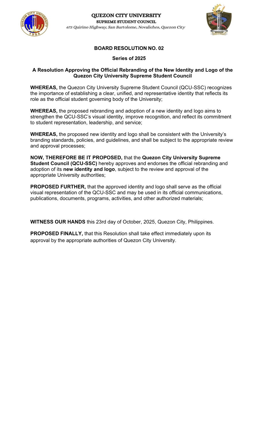 First page of Board Resolution No. 02