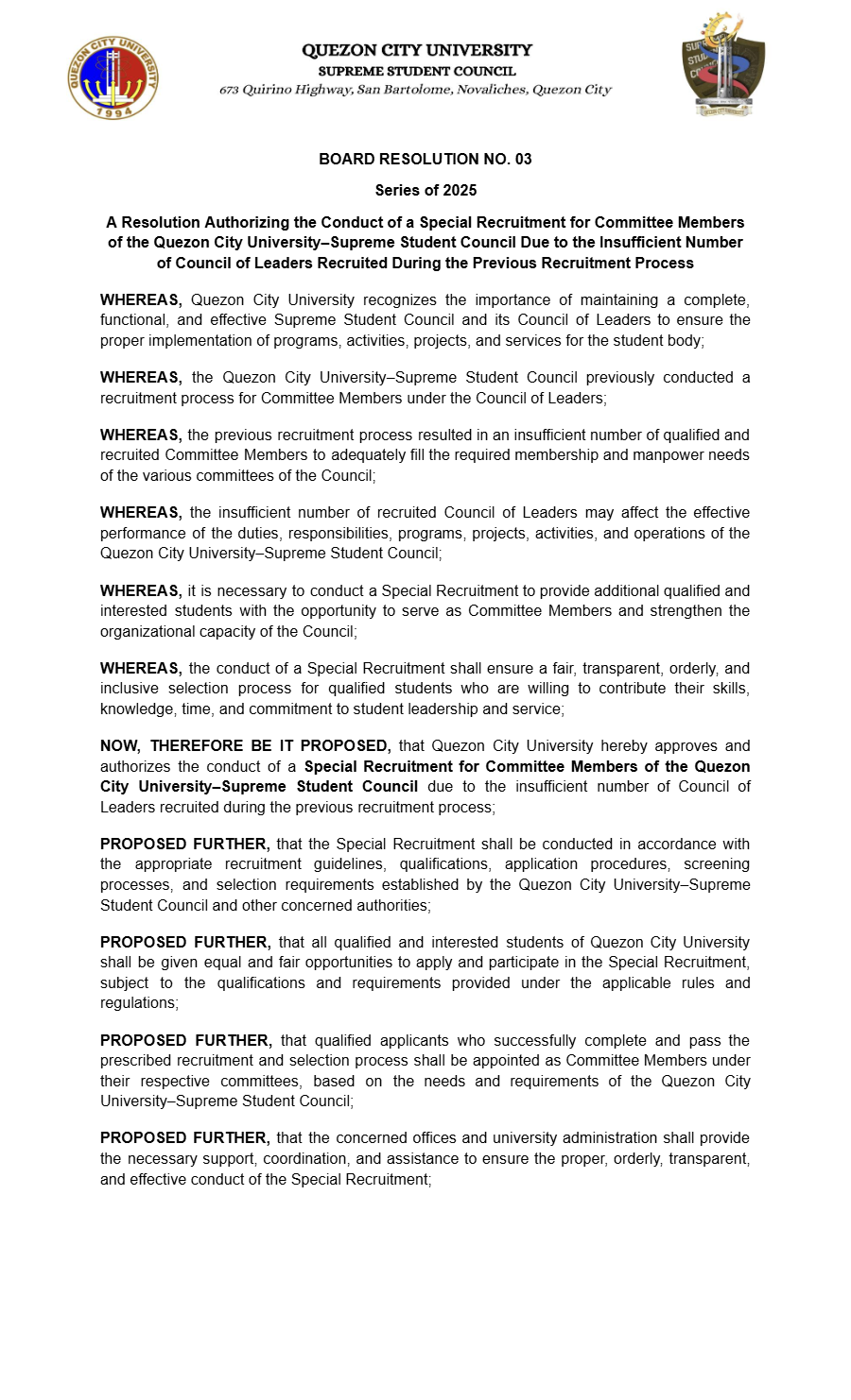 First page of Board Resolution No. 03: Board of Resolution No. 03