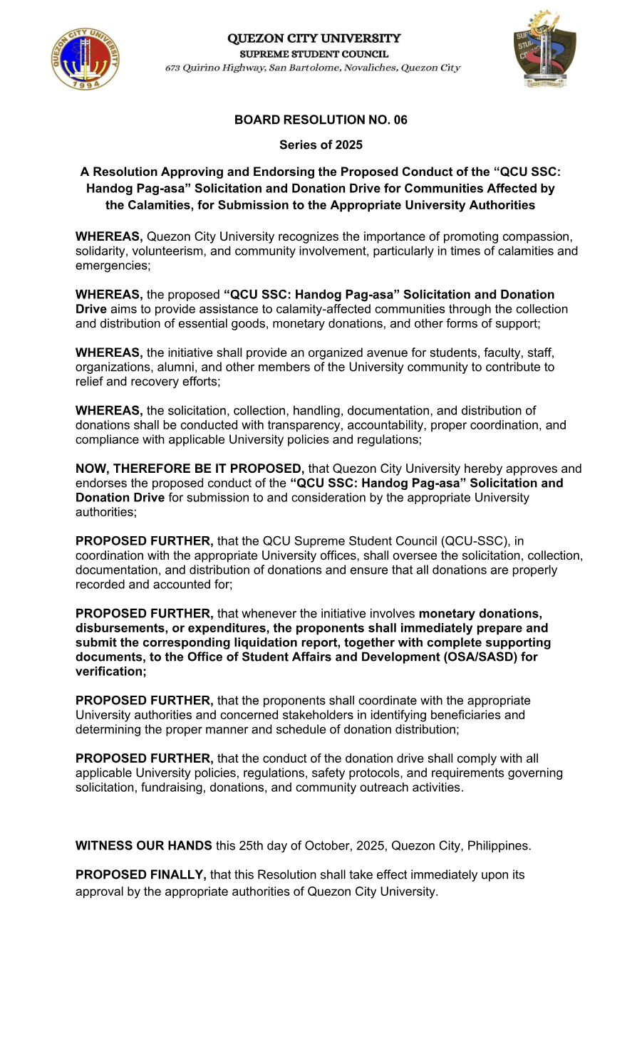 First page of Board Resolution No. 06