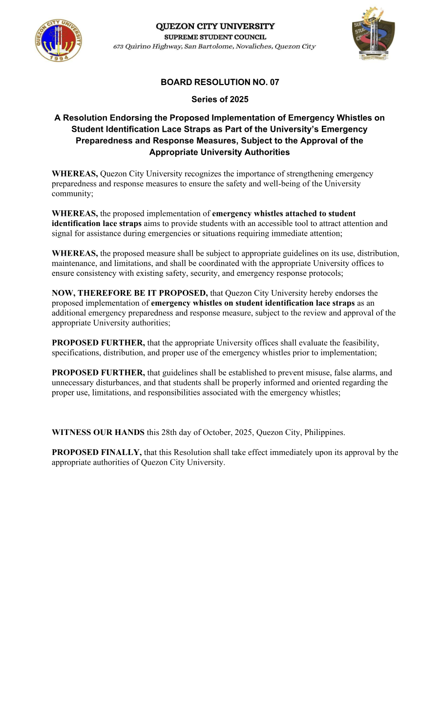 First page of Board Resolution No. 07