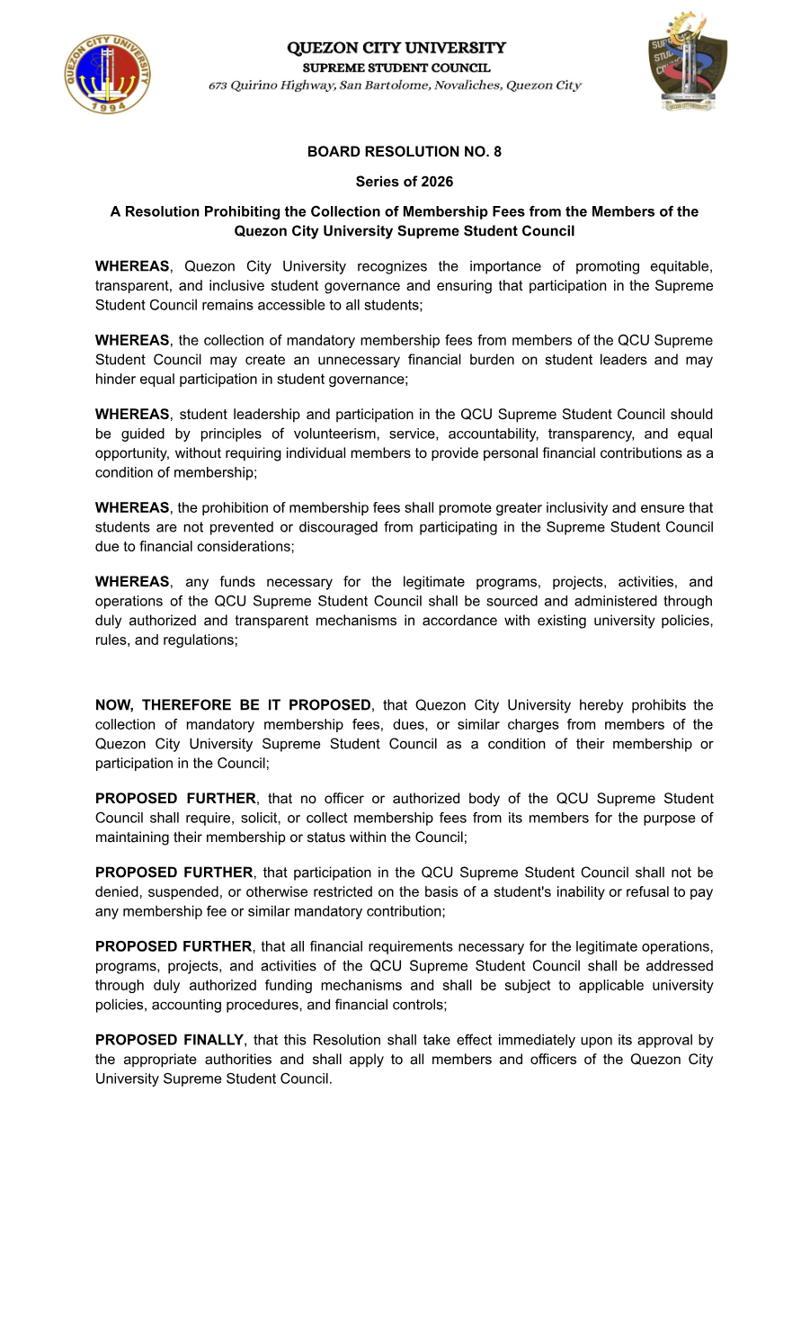First page of Board Resolution No. 08