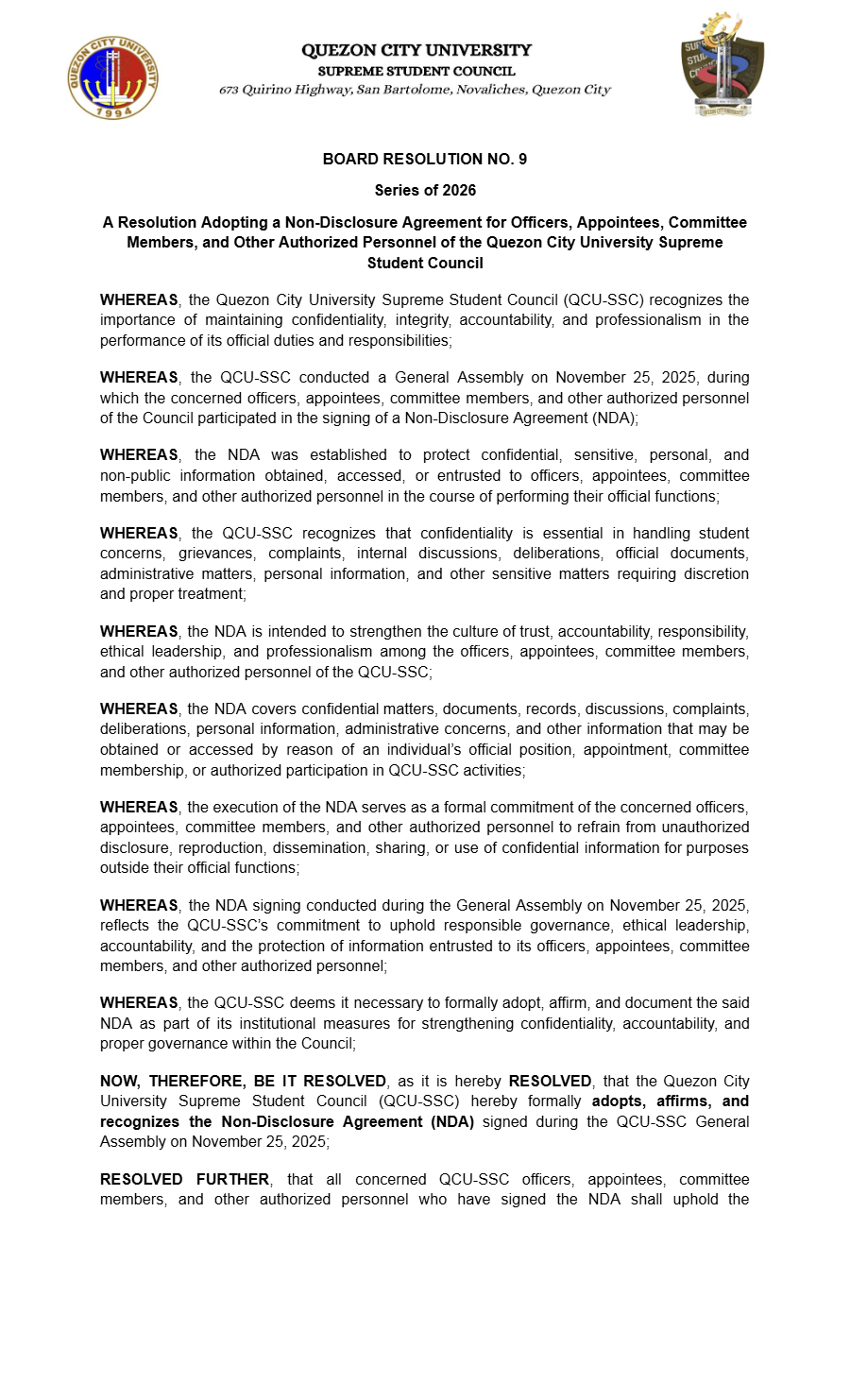 First page of Board Resolution No. 09: Board of Resolution No. 09