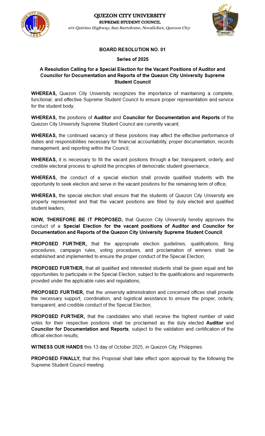 First page of Board Resolution No. 01: Board of Resolution No. 01