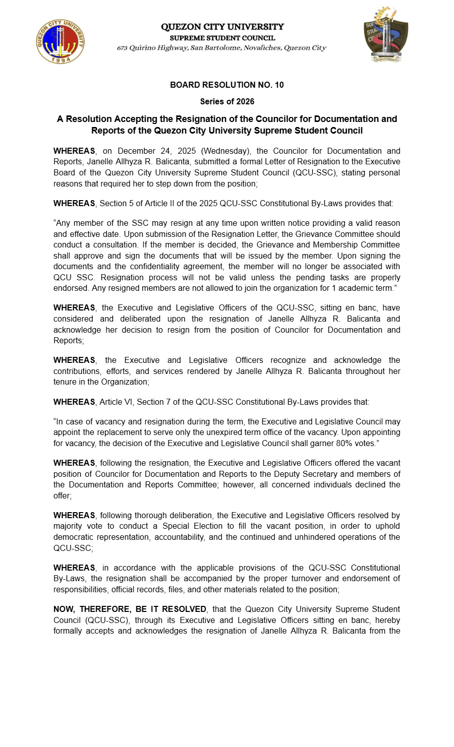 First page of Board Resolution No. 10: Board of Resolution No. 10