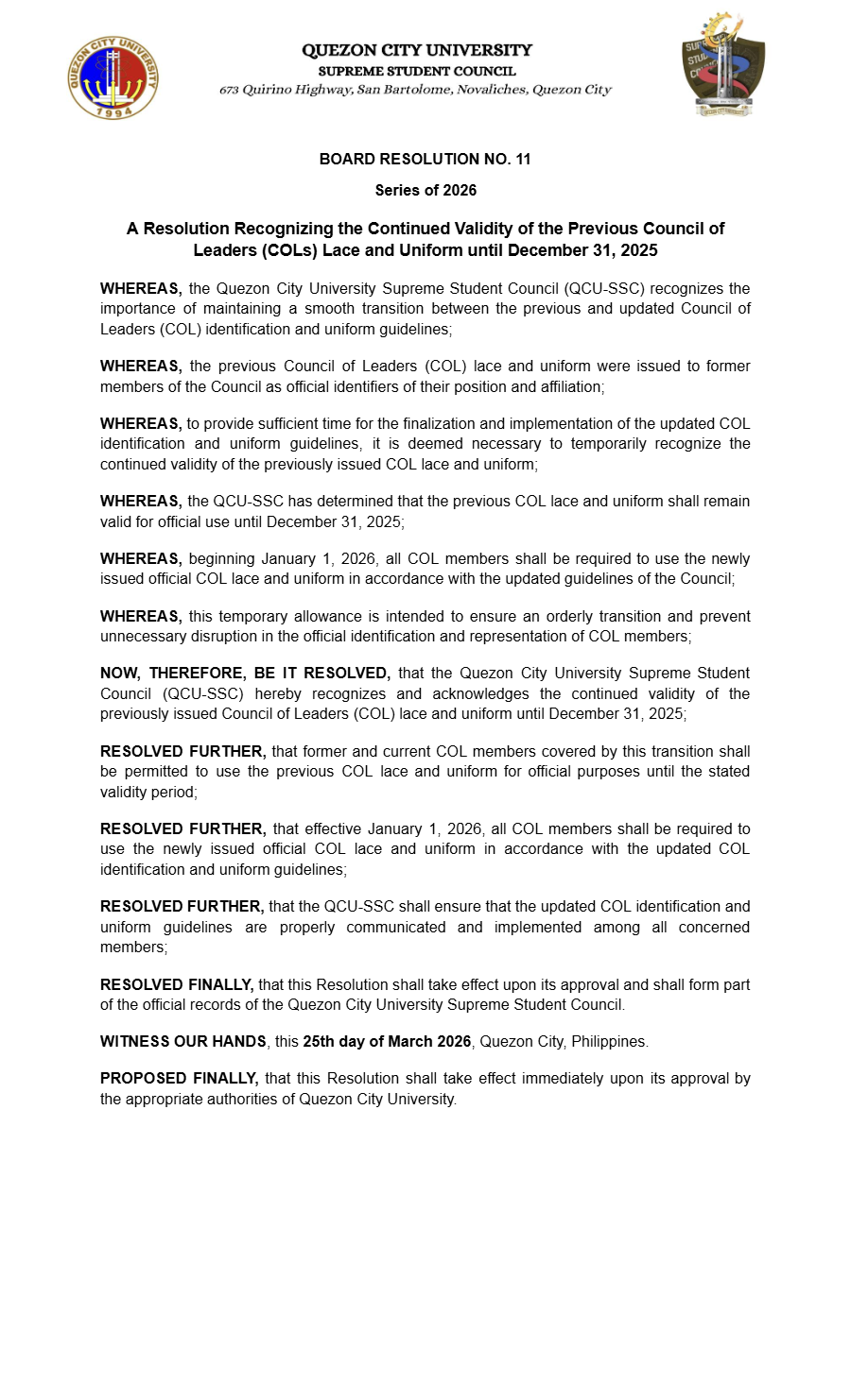 First page of Board Resolution No. 11: Board of Resolution No. 11