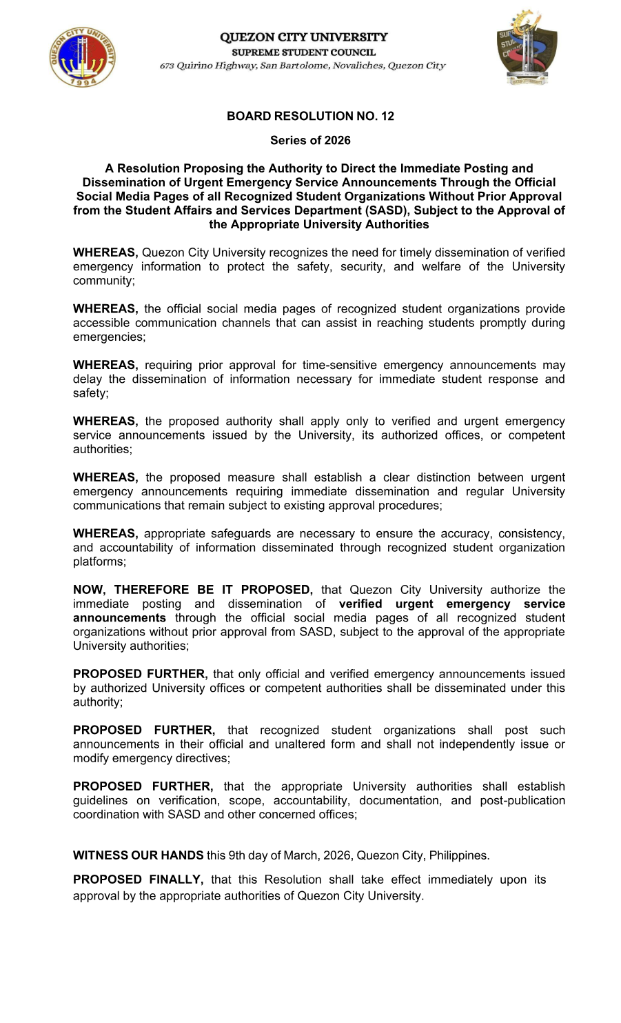 First page of Board Resolution No. 12