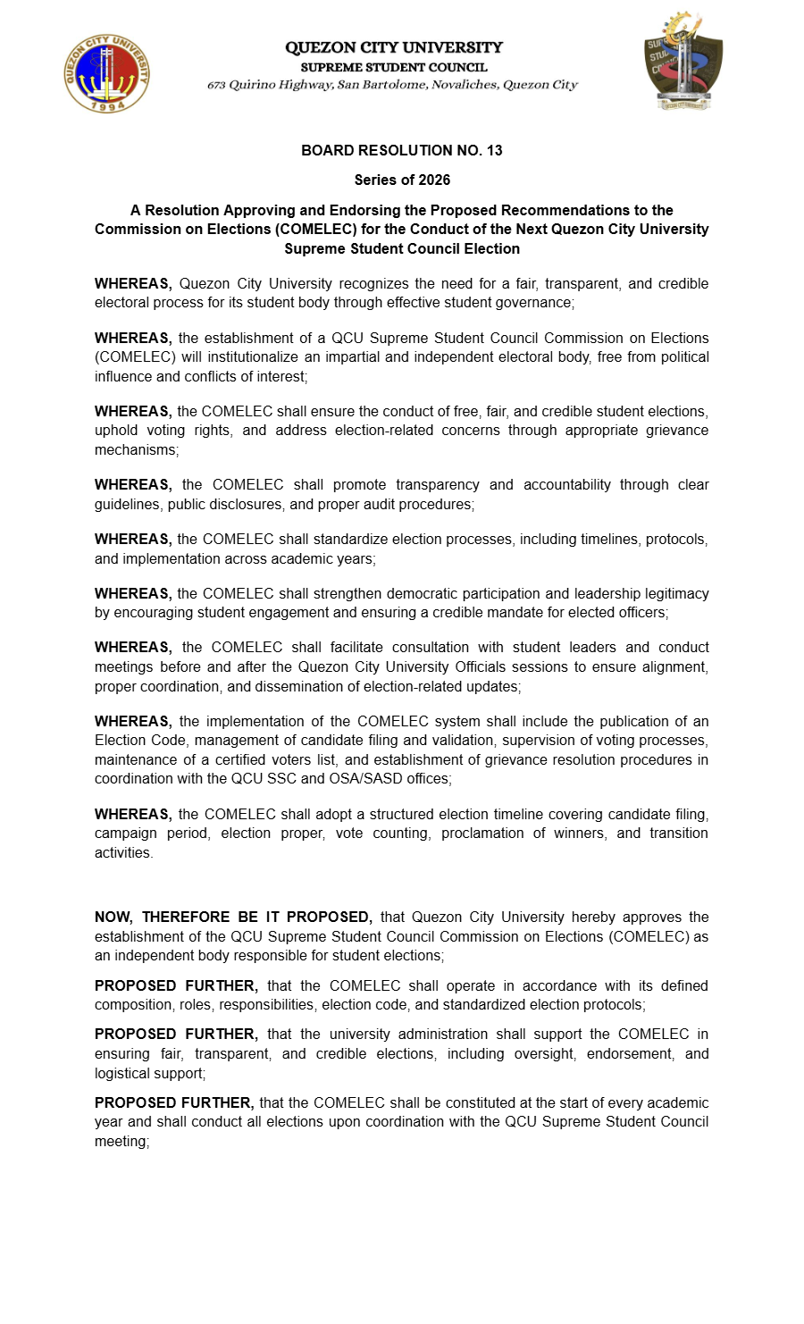 First page of Board Resolution No. 13: Board of Resolution No. 13