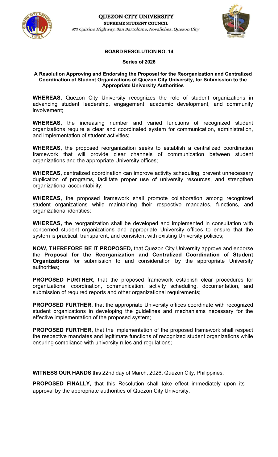 First page of Board Resolution No. 14