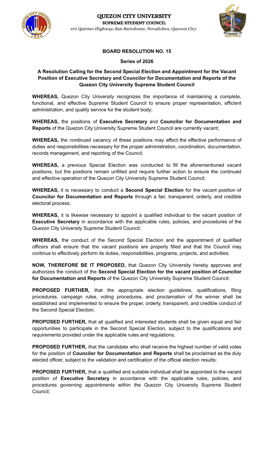 First page of Board Resolution No. 15