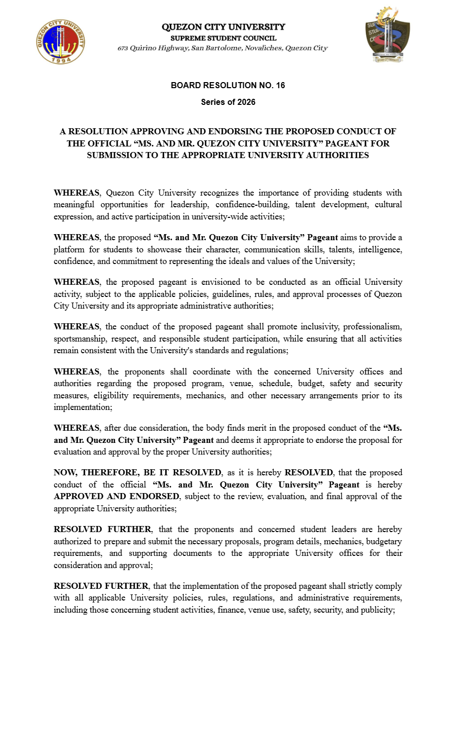 First page of Board Resolution No. 16: Board of Resolution No. 16