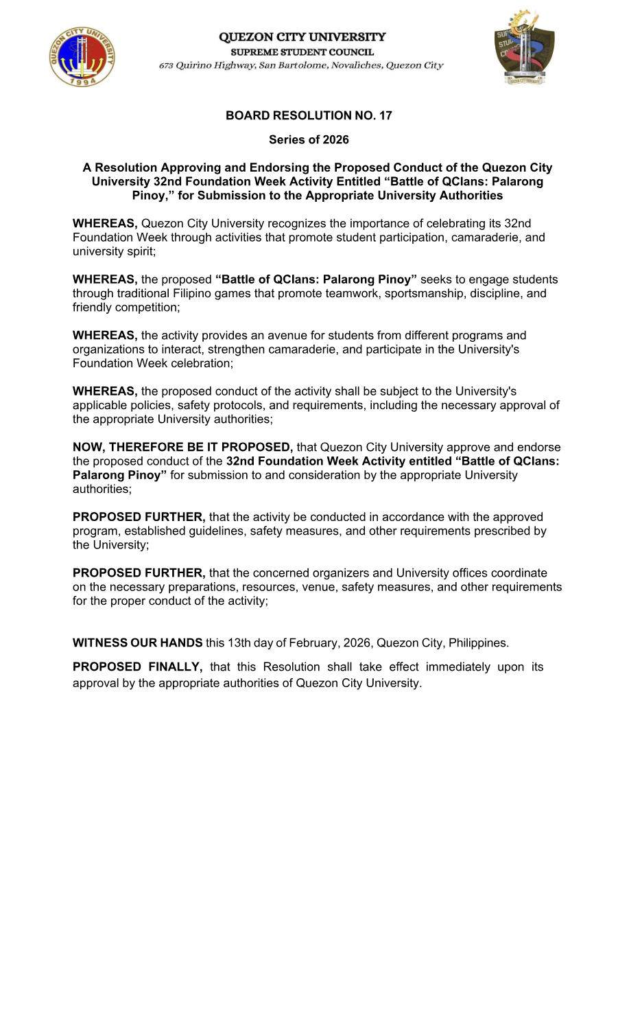 First page of Board Resolution No. 17