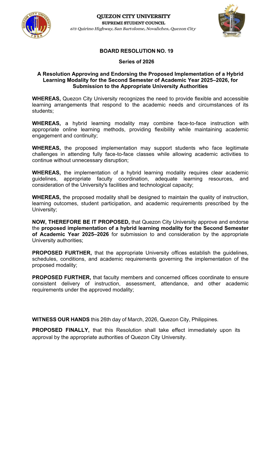 First page of Board Resolution No. 19